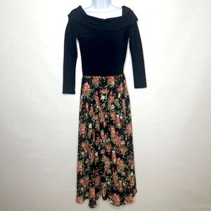 Vintage 80s Tickets Black Pink Floral On/Off Shoulder Drop Waist Midi Dr…